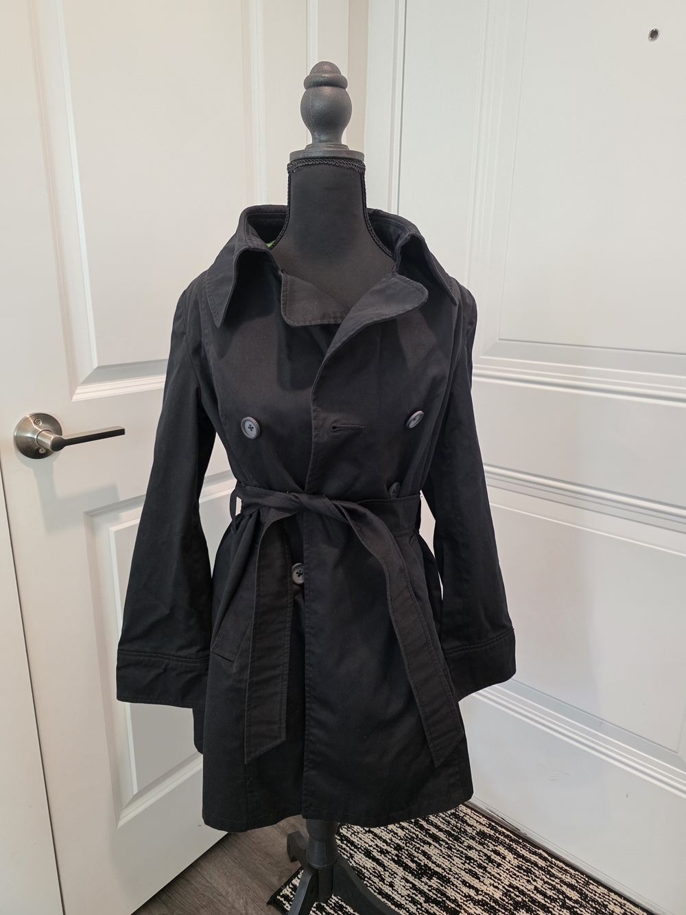 Merona Black Double Breasted Trench Coat Belted Green Polka Dot Lining Size M